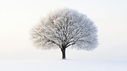 Fototapeta premium A solitary tree covered in snow, set against a bright, minimalistic winter landscape.