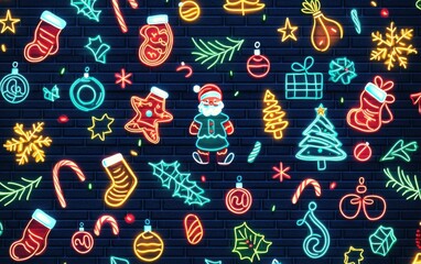 Colorful neon Christmas decorations adorn a dark brick wall creating a festive atmosphere during the holiday season