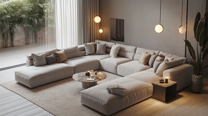 Contemporary villa interior featuring a cozy, yet modern living room with a large corner sofa, designer lighting fixtures, and soft, neutral tones.