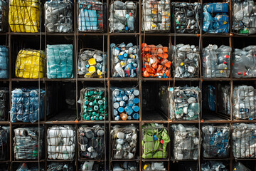 Stacked recyclable materials in organized compartments, showcasing waste management, recycling practices, environmental responsibility, and efforts towards sustainable living and zero waste
