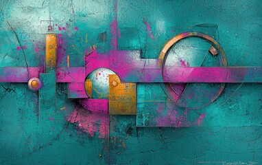 Colorful abstract artwork featuring geometric shapes and vibrant textures in a blue and pink palette