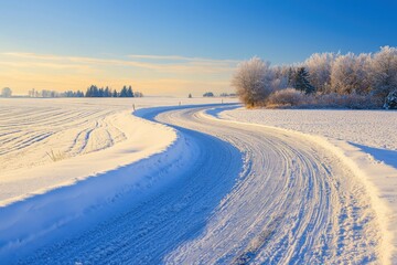 Obraz premium A winding snow-covered road through a serene winter landscape under a clear blue sky.