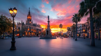 Naklejka premium Vibrant Sunset Over Historical Square with Architectural Wonders and Palm Trees in Urban Setting