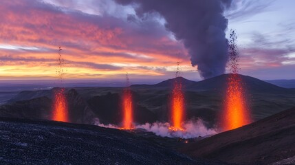 serene landscape interrupted by a violent volcanic eruption, with lava fountains and ash plumes against a cloudy sky. Volcanic eruption 