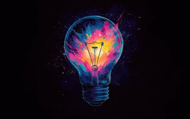 Bright light bulb filled with vibrant colors and splashes representing creativity and ideas in a dark background