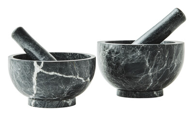 Black marble mortar and pestle set, cut out - stock png.