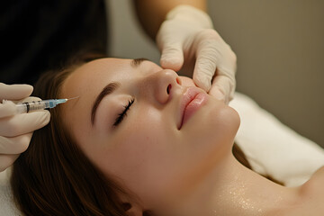 Woman receiving beauty treatment injection on forehead at clinic, representing skincare, cosmetic procedures, anti-aging, dermatology, and aesthetic enhancement