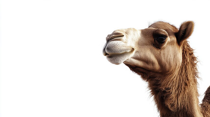 Fototapeta premium Close-up of a camel's head with a detailed focus on its features, set against a stark white background.