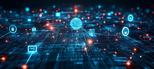 Obraz premium A digital banner featuring the concept of global business, showcasing interconnected networks and globe icons in light blue tones with dynamic network connections, 