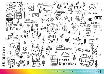 Collection of hand drawn cute doodles,Doodle children drawing,Sketch set of drawings in child style,Funny Doodle Hand Drawn,Page for coloring, cute animal hand drawn, cute Doodle
