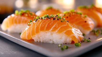 Exquisite Japanese Sushi Dish with Salmon and Green Onions on a Platter