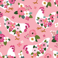Seamless vector pattern with floral hen and summer flowers. Hand drawn floral background with white chickens. Perfect for textile, wallpaper or nursery print design. EPS10 vector file.
