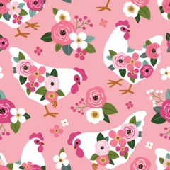 Seamless vector pattern with floral hen and summer flowers. Hand drawn floral background with white chickens. Perfect for textile, wallpaper or nursery print design. EPS10 vector file.