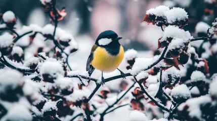 Cute bird perched on snowy winter branch.