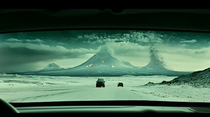 photo of a volcanic eruption captured through a window or windshield, creating a sense of immediacy and danger. Volcanic eruption 