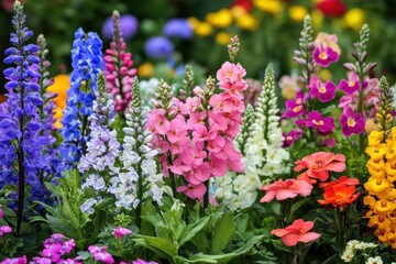 A vibrant garden filled with colorful blooming flowers in various shades.
