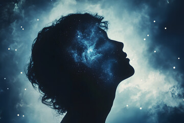  Silhouette of a person with a galaxy overlay, symbolizing the mind's connection to the cosmos, creativity, and the infinite universe, ideal for conceptual and artistic visuals