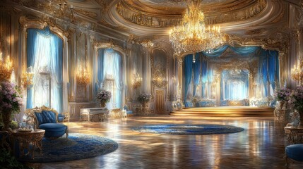 Fototapeta premium A luxurious, ornate interior featuring chandeliers, blue drapes, and elegant furnishings.