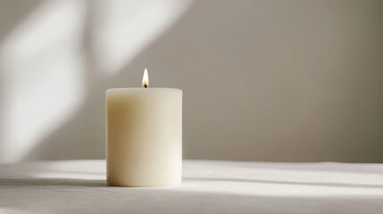 A single white candle with a soft flame casts a warm glow on a neutral background, creating a serene and calming atmosphere in a minimalist setting.