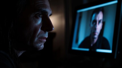 Film director intently reviewing footage on a large screen, deep in thought as he analyzes the visual storytelling, capturing the essence of creativity and meticulous attention to detail in filmmaking