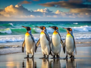 Obraz premium Serene Minimalist Scene of King Penguins at Volunteer Point on the Falkland Islands Emphasizing Natural Beauty and Unique Wildlife in a Tranquil Coastal Landscape