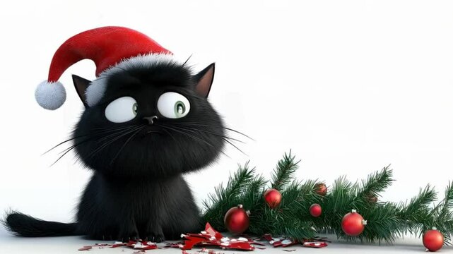 A black cat with a Santa hat sits defiantly amidst festive decorations. The white background highlights its playful yet grumpy demeanor, creating a charming holiday atmosphere.