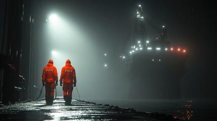 Two Workers Walking Towards a Ship in Fog
