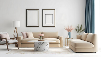 Interior of living room with sofa, table and closet