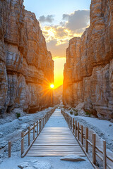 Sunset view of a canyon with wooden walkway.