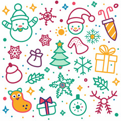 Naklejka premium Festive Christmas doodles, including Santa, snowman, gifts, and winter elements.