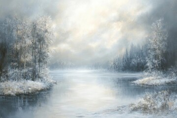 A serene winter landscape with a calm river and frosted trees.