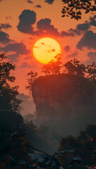 Vibrant sunset over misty mountain peak.