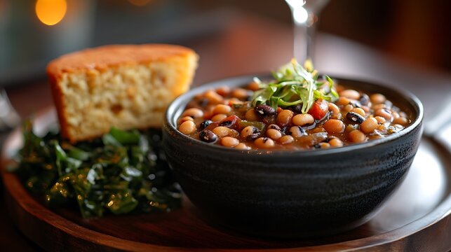 A close-up of black-eyed peas stewed with spices, served in a rustic ceramic bowl, alongside a slice of buttery cornbread and collard greens on a wooden plate, warm candlelight casting soft shadows,