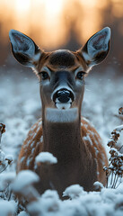 Young deer in snowy winter scene.