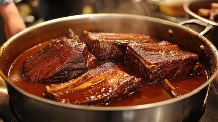 Braised Beef Brisket in Rich Sauce Cooking in a Pan