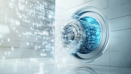 Obraz premium Abstract representation of a secure digital vault with flowing binary data streams symbolizing encryption and data protection in modern technology, evoking feelings of security and innovation.