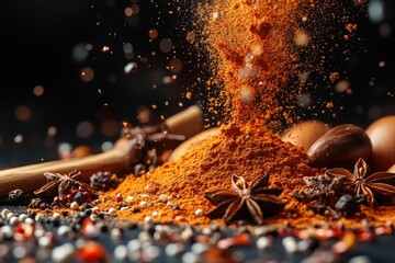 Dynamic explosion of spices with flying ingredients in vivid detail