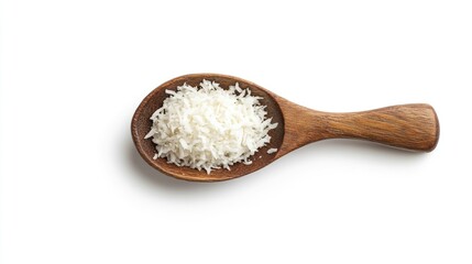 Fresh Grated Coconut on Wooden Spoon Isolated on White Background