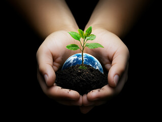 Close-up of Hands Nurturing a Seedling with Earth isolated on dark background