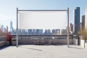 Obraz premium A blank outdoor screen with a city skyline backdrop, designed for presentations or events.