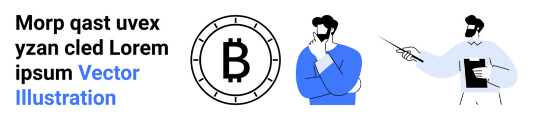 Bitcoin symbol with two professionals in blue attire, one pondering and one presenting. Ideal for cryptocurrency, business analysis, financial advice, brainstorming, investment strategies