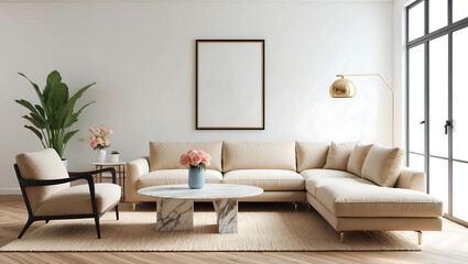 Stylish living room interior with sofa, coffee table and wooden wall frame