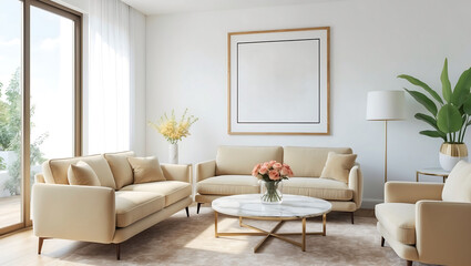 Stylish living room interior with sofa, coffee table and wooden wall frame