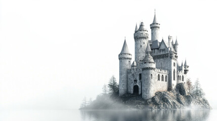 Majestic medieval castle amidst serene mist, reflecting in tranquil waters with a mystical atmosphere.