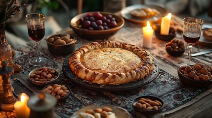 A festive Greek New Year table with vasilopita as the centerpiece, surrounded by small bowls of almonds, dried fruits, and glasses of wine, the table set with traditional Greek linens and patterns,