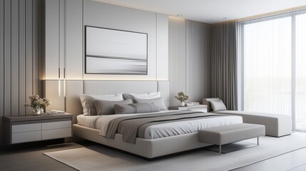Minimalist bedroom in a contemporary suite, featuring soft neutral tones, sleek furniture, and a modern headboard creating a calming environment.
