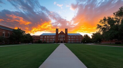 Sunset over historic school building campus pathway educational architecture serene environment wide-angle view inspirational scene