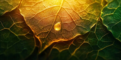 Obraz premium Golden Sunrise Dewdrop on Lush Green Leaf Macro Photography