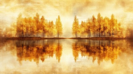 Golden autumn forest reflected perfectly in a calm lake