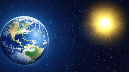 Obraz premium Earth axis diagram illustration showing the tilt of the Earth's rotational axis relative to its orbital plane, explaining the cause of seasonal changes and the distribution of sunlight.